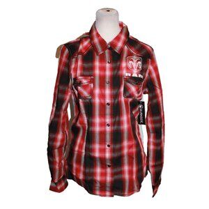 Burnside Dodge Ram Shirt Pearl Snap Women's Size S Red Plaid Western NEW